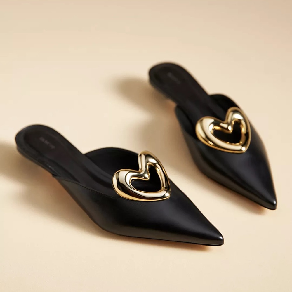 Maeve Black Mules with Gold Heart Accent